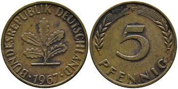 ФРГ 5 ПФЕННИГОВ 1967 F KM 107, J. 382 сталь плакированная латунью 33-213