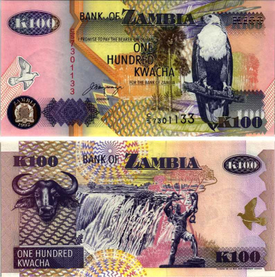 Замбия 100 квач 1992 орлан крикун, водопад Виктории, подпись Mwanza Pick 38 b бумага UNC (пресс) 8605-20-2-2