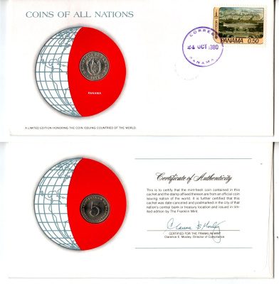 Панама 5 сентесимо 1975 конверт с маркой первого дня гашения, Coins of Nations KM 23.2 медно-никель UNC 4295-21-3