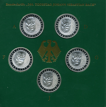 ФРГ набор из 5 штук по 10 марок 2000 A, D, F, G, J, 250 лет со дня рождения Иоганна Себастьяна Баха KM 202 серебро PROOF 6-5-2-11