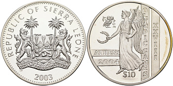 Сьерра-Леоне 10 долларов 2003 XXVIII олимпийские игры в Афинах, античный стрелок из лука KM 292 серебро PROOF 00-00