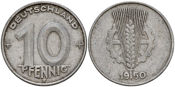 ГДР 10 пфеннигов 1950 E KM 3 алюминий 24-751