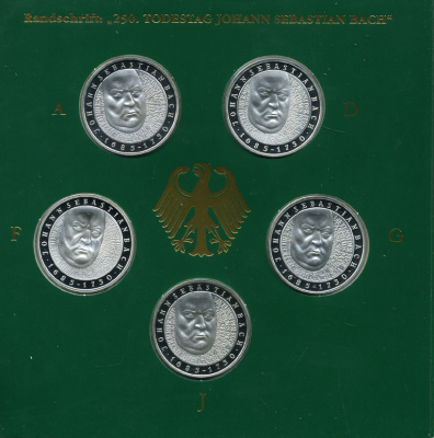 ФРГ набор из 5 штук по 10 марок 2000 A, D, F, G, J, 250 лет со дня рождения Иоганна Себастьяна Баха KM 202 серебро PROOF 6-5-2-11