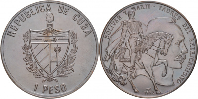 Куба 1 песо 1993 СИМОН БОЛИВАР И ХОСЕ МАРТИ, ЧЁРНАЯ KM 515 медь UNC 00-00
