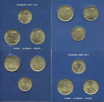 Аргентина набор из 6 монет 1978 Чемпионат мира по футболу 1978 года, в оригинальном блистере KM 75, 76, 77 алюминиевая бронза UNC 00-00