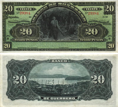 Мексика 20 песо 1906-1914 банк штата Герреро, вид на залив, перфорация 'погашено' Pick S300b бумага 00-00