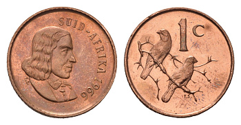 ЮАР 1 цент 1966 Ян ван Рибек (1619-1677), Suid Africa, легенда на африкаанс, капские воробьи KM 65.2 бронза UNC 4690-927