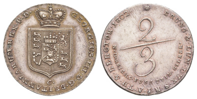 Брауншвейг-Люнебург-Ганновер 2/3 талера 1802 C, Георг III (1760-1820), из коллекции Ричарда Б. Смита Smith 230, Welter 2814, KM 413 серебро 00-821-34