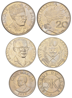 Заир лот из 3 монет 1976-1978 (5, 10 и 20 макута) KM 7, 8, 12 медно-никель UNC 650-1831