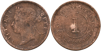 Стрейтс-Сетлментс 1 цент 1891 Виктория (1837-1901), Ост-Индская компания KM 16 бронза 4590-446
