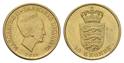 Дания 10 крон 2011 NR, Маргрете II (1972-2024) KM 943 алюминиевая бронза UNC 117-434