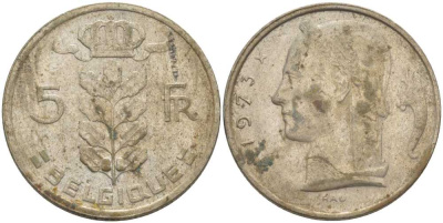 БЕЛЬГИЯ 5 ФРАНКОВ 1973 BELGIQUE, БОДУЭН I (1951-1993) KM 134.1 медно-никель 119-731