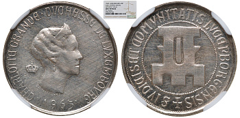Люксембург 20 франков 1963 Шарлотта (1918-1964), ESSAI (без надписи), в слабе NGC UNC DETAILS медно-никель UNC 15-010-17