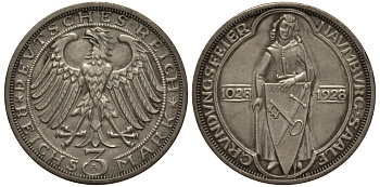 Германия 3 марки 1928 A, 900 летие основания Наумбурга J. 333, KM 57 серебро aUNC 00-000-00