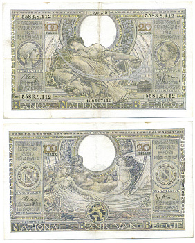 БЕЛЬГИЯ 100 ФРАНКОВ = 20 БЕЛГА 1939 12 ЯНВАРЯ 1939 Pick 107 бумага 7486-67-1-1