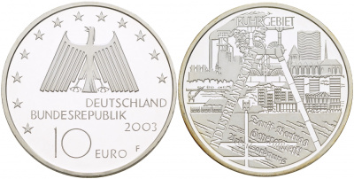 ФРГ 10 евро 2003 F, Рурский бассейн, промышленная зона KM 224, DE.S. 10.10 серебро PROOF 1082-9-55