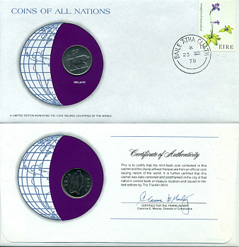 Ирландия 5 пенсов 1976 конверт с маркой первого дня гашения, Coins of Nations KM 22 медно-никель  UNC   4294-46-2