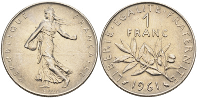 Франция 1 франк 1961 сеятель KM 925.1 никель    4177-232
