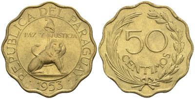 Парагвай 50 сентимо 1953 лев, фригийский колпак на шесте KM 28 алюминиевая бронза  aUNC  4176-1245