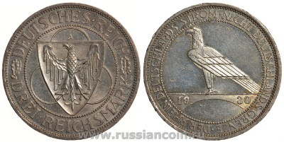 Германия 3 марки 1930 A, освобождение Рейнлянда J. 345, KM 70 серебро aUNC 02-119-42