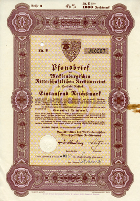 Германия 1000 рейхсмарок 1940 Мекленбургский рыцарский кредитный клуб, 4 1/2%   бумага  8804-89-1