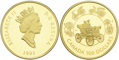 Канада 100 долларов 1993 эволюция старинных автомобилей KM 245 золото PROOF 00-808-22