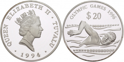 Тувалу 20 долларов 1994 Олимпийские игры 1996 года, плавание KM 24 серебро PROOF 11-101-43