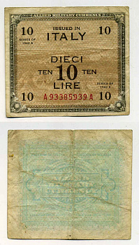 Италия 10 лир 1943 А, второй выпуск серия А-А, военный выпуск, вторая мировая война Pick M19а бумага 8588-28-4-2