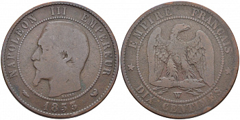 Франция 10 сантимов 1855 W, Наполеон III (1852-1870) KM 771.7, Le Franc 133.30 бронза 114-724