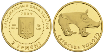 Украина 2 гривны 2009 скифское золото, кабан, вес 1,24 гр. KM 571 золото PROOF 00-00
