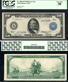 США 50 долларов 1914 National Bank Note, Канзас-Сити, Улисс Грант - 18-й президент США, в слабе PCGS 30 Fr 1060  бумага   452-1-152
