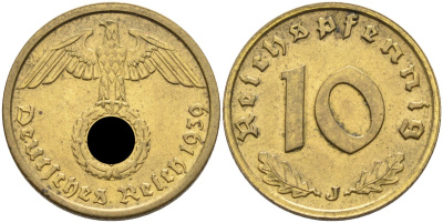 Германия 10 рейхспфеннигов 1939 J KM 92, J.364 алюминиевая бронза 4584-545