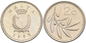Мальта 2 цента 1995 оливковая ветвь KM 94 медно-никель 188-667