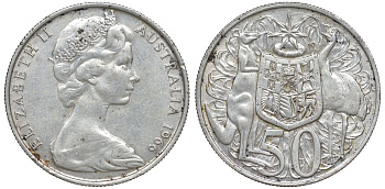 Австралия 50 центов 1966 Елизавета II (1952-2022), герб Австралии, кенгуру KM 67 серебро 4178-1215