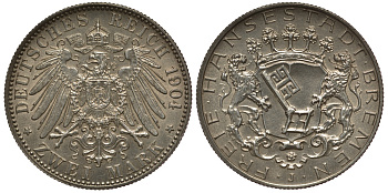 Бремен 2 марки 1904 J, Weege 59, J. 59, KM 250 серебро UNC 00-816-31