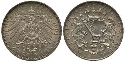 Бремен 2 марки 1904 J, Weege 59, J. 59, KM 250 серебро UNC 00-816-31