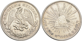 Мексика 1 песо 1909 Mo GV KM 409.2 серебро 443-1522