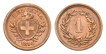 Швейцария 1 раппен 1894 B KM 3.1 бронза 1529-311