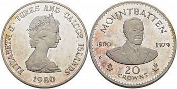ТЕРКС И КАЙКОС 20 КРОН 1980 ЛУИС МАУНТБАТТЕН, PIEFORTS, 59,86 гр KM P 3 серебро PROOF 01-107-44
