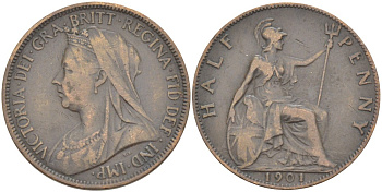 Великобритания 1/2 пенни 1901 Виктория (1837-1901) KM 789, Spink 3962 бронза 4543-1257