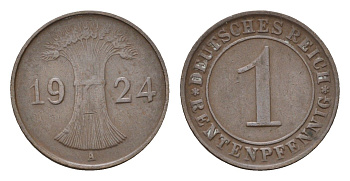 Германия 1 рентенпфенниг 1924 A KM 30, J. 306 бронза 4696-558