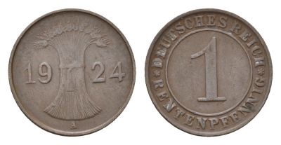 Германия 1 рентенпфенниг 1924 A KM 30, J. 306 бронза 4696-558