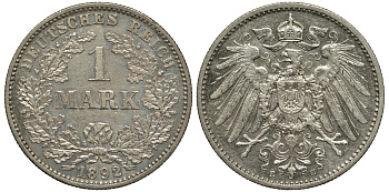Германия 1 марка 1892 E Weege 18, J. 17, KM 14 серебро aUNC 413-5014