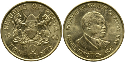 Кения 10 центов 1990 Дэниэл арап Мои KM 18 никель латунь 4526-1136