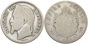 Франция 1 франк 1869 А, Наполеон III KM 806.1 серебро 4448-313
