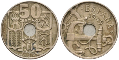 Испания 50 сентимо 1949 KM 777 медно-никель 4143-524