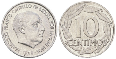 Испания 10 сентимо 1959 Франсиско Франко (1939-1975) KM 790 алюминий UNC 261-618