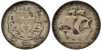 ПОРТУГАЛИЯ 2,5 ЭСКУДО 1933 ПАРУСНИК, РЕДКАЯ KM 580 серебро 1527-421