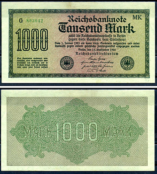 Германия 1000 марок 1922 выпуск 15 сентября 1922, водяной знак K, зеленая бумага, серия MK, буква G Pick 76 h (2) бумага aUNC 8589-12-1-1