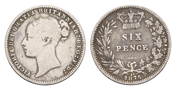 Великобритания 6 пенсов 1875 Виктория (1837-1901) KM 751.1, Spink 3910 серебро    3711-433